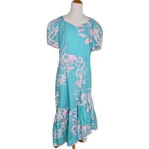 Vintage Hilo Hattie Hawaiian Maxi Dress Island Beach Ruffles Pastel Women 16